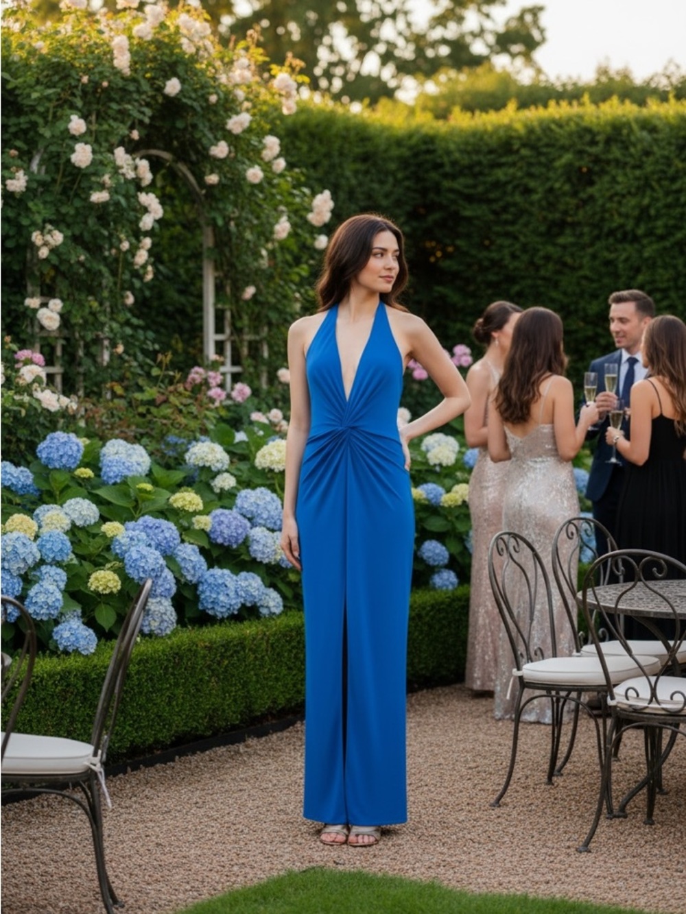 Badgley Mischka Royal Blue Halter Maxi Gown with Front Slit - Picture 14 of 15